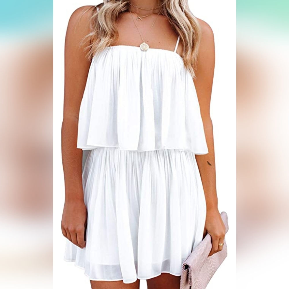 EXLURA Womens Spaghetti Strap Pleated Short Jumpsuit Sleeveless Flowy Playsuit R